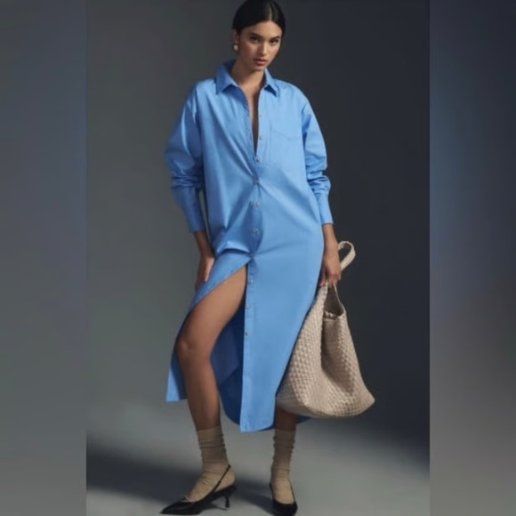 Maeve by Anthropologie Blue The Soren Long-Sleeve Midi Shirt Dress - Picture 2 of 11